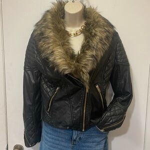 NEVER WORN, FAUX LEATHER/FUR MOTO JACKET😍